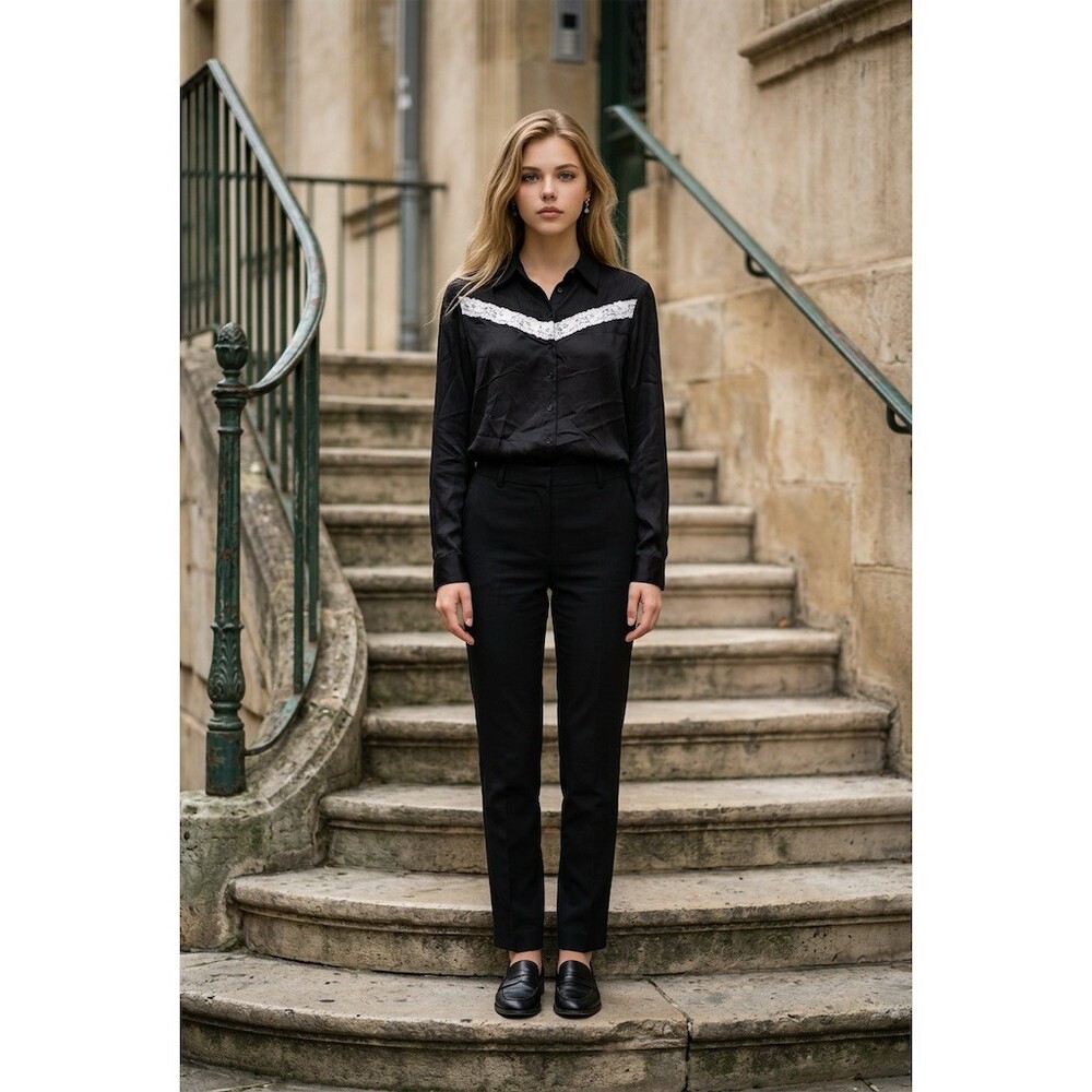 $315 The Kooples Blouse Womens Small Black Button Front White Lace Yoke